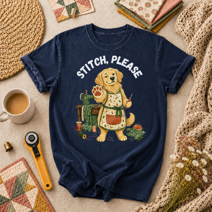 Stitch Please Golden Retriever Sewing Machine T-Shirt - Navy
