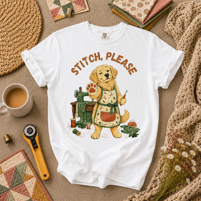 Stitch Please Golden Retriever Sewing Machine T-Shirt - White