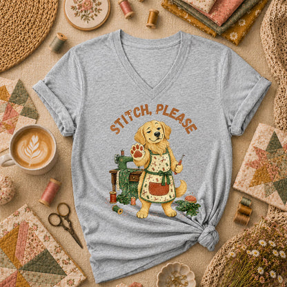 Stitch Please Golden Retriever Sewing Machine Women's V-Neck - Athletic Heather