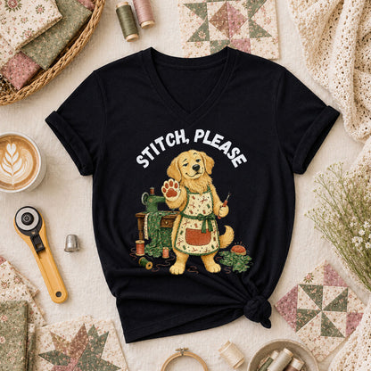 Stitch Please Golden Retriever Sewing Machine Women's V-Neck - Black