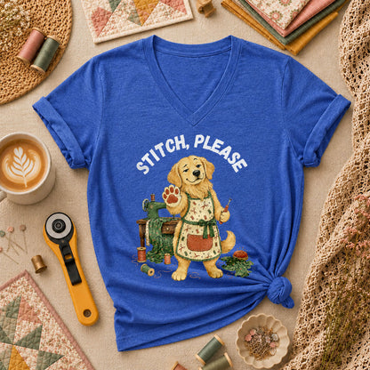 Stitch Please Golden Retriever Sewing Machine Women's V-Neck - Heather True Royal