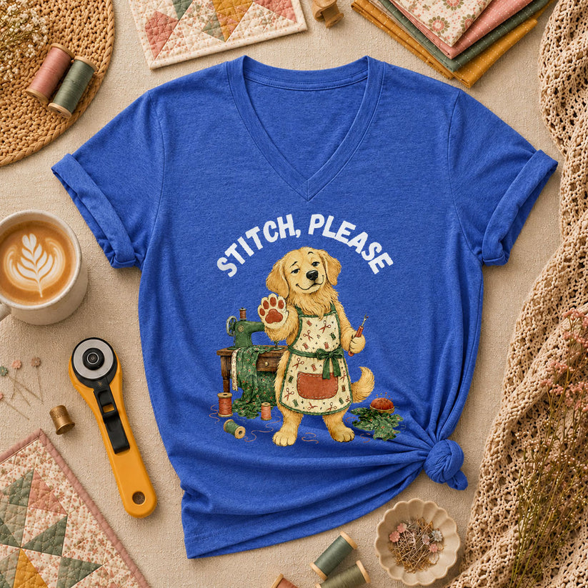 Stitch Please Golden Retriever Sewing Machine Women's V-Neck - Heather True Royal