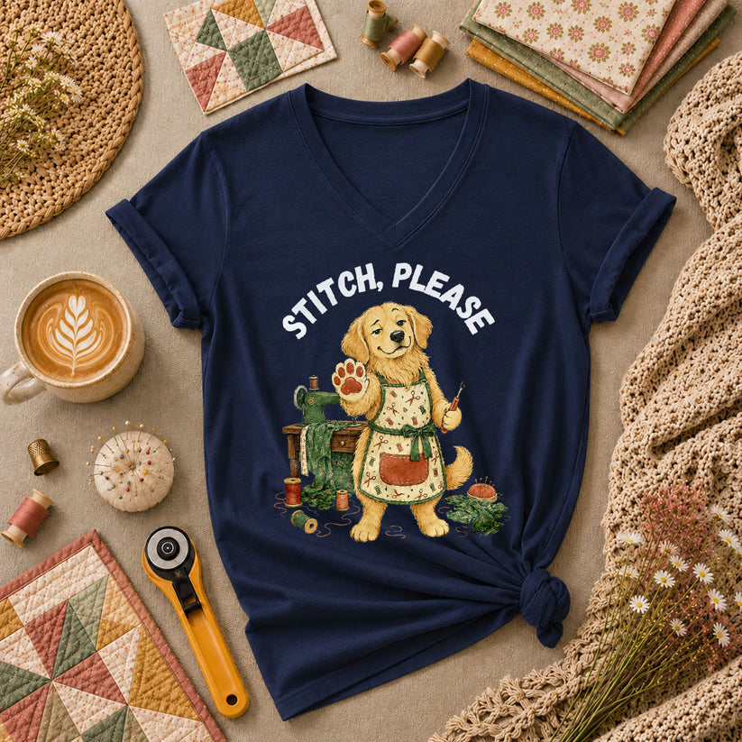 Stitch Please Golden Retriever Sewing Machine Women's V-Neck - Navy