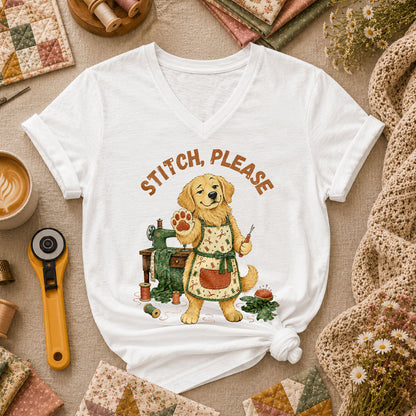 Stitch Please Golden Retriever Sewing Machine Women's V-Neck - White