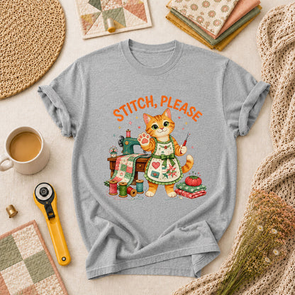 Stitch Please Sewing Cat In Apron T-Shirt - Athletic Heather