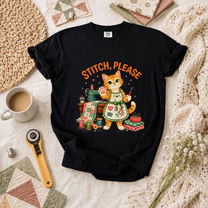 Stitch Please Sewing Cat In Apron T-Shirt - Black