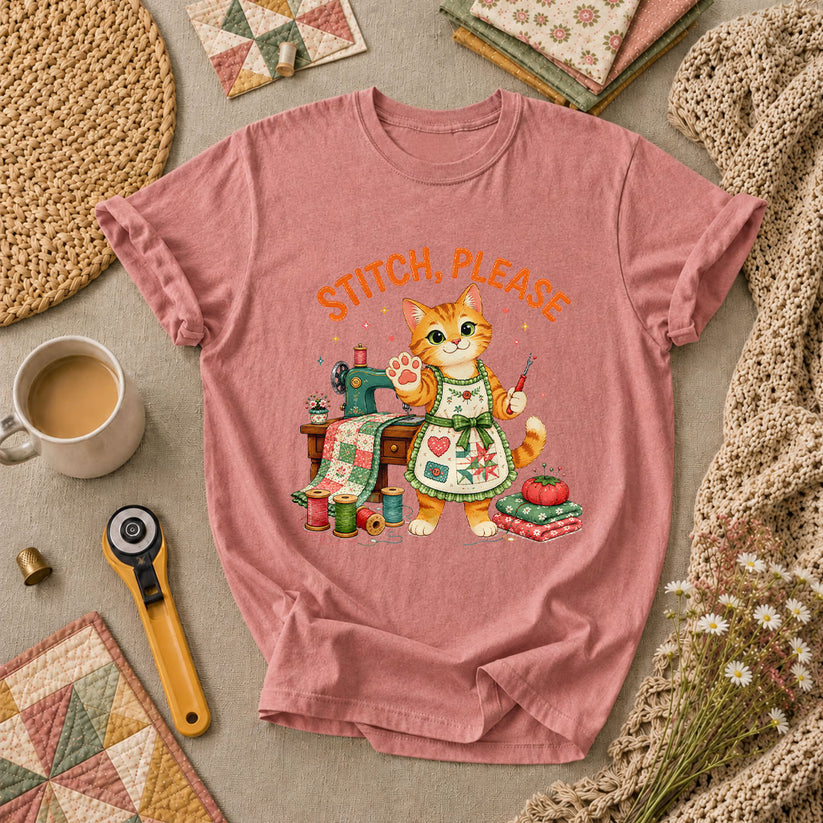 Stitch Please Sewing Cat In Apron T-Shirt - Heather Mauve