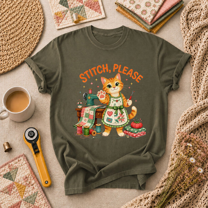 Stitch Please Sewing Cat In Apron T-Shirt - Military Green