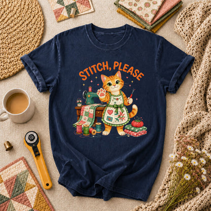 Stitch Please Sewing Cat In Apron T-Shirt - Navy