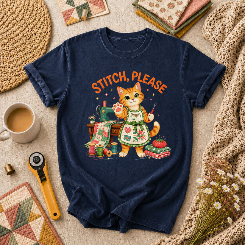 Stitch Please Sewing Cat In Apron T-Shirt - Navy