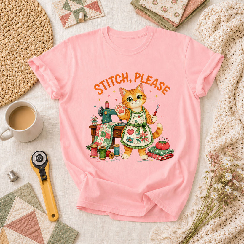 Stitch Please Sewing Cat In Apron T-Shirt - Pink