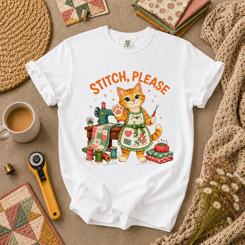 Stitch Please Sewing Cat In Apron T-Shirt - White
