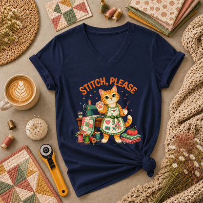 Stitch Please Sewing Cat In Apron Women's V-Neck - Navy