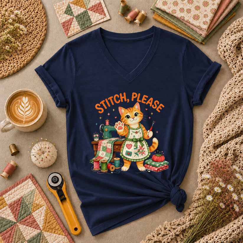 Stitch Please Sewing Cat In Apron Women's V-Neck - Navy