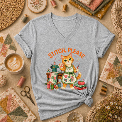 Stitch Please Sewing Cat In Apron Women's V-Neck - Sport Grey