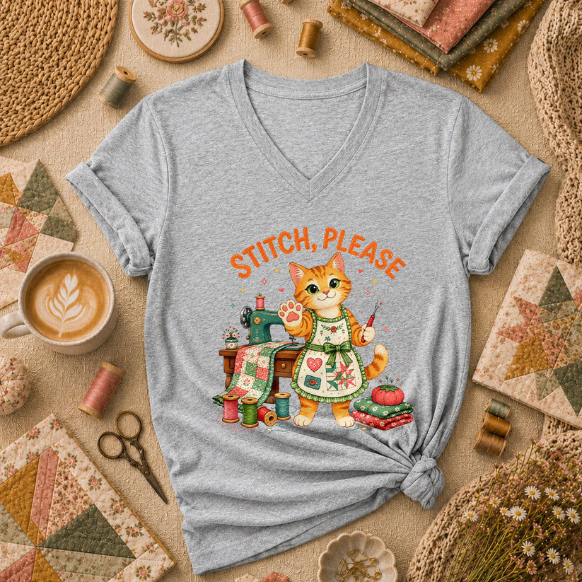 Stitch Please Sewing Cat In Apron Women's V-Neck - Sport Grey