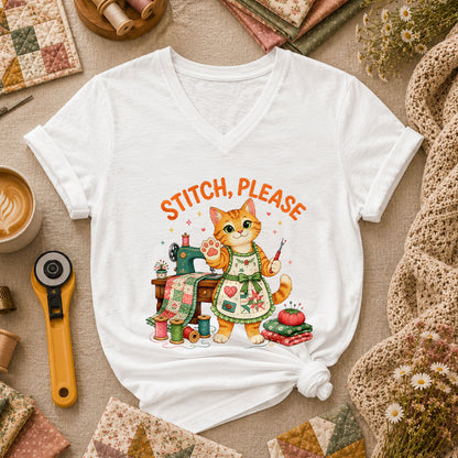 Stitch Please Sewing Cat In Apron Women's V-Neck - White