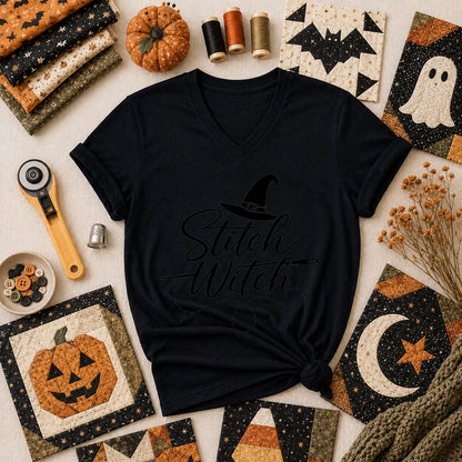 Stitch Witch Halloween Women's V-Neck - Black