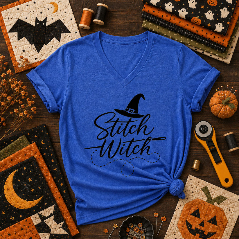 Stitch Witch Halloween Women's V-Neck - Heather True Royal