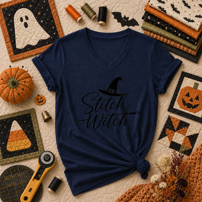 Stitch Witch Halloween Women's V-Neck - Navy