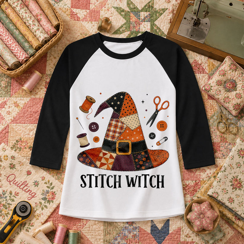 Stitch Witch Patchwork Hat Halloween Raglan Sleeve - Black