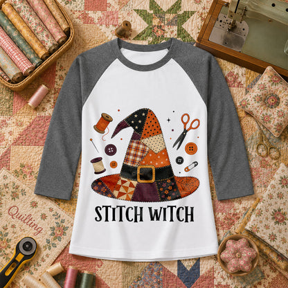Stitch Witch Patchwork Hat Halloween Raglan Sleeve - Deep Heather