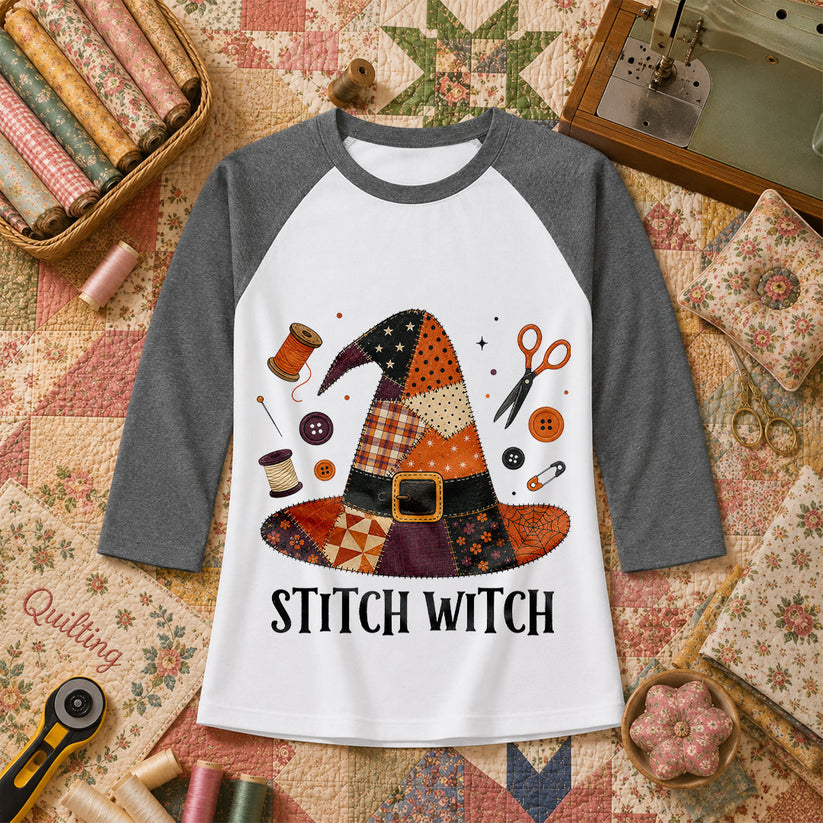 Stitch Witch Patchwork Hat Halloween Raglan Sleeve - Deep Heather
