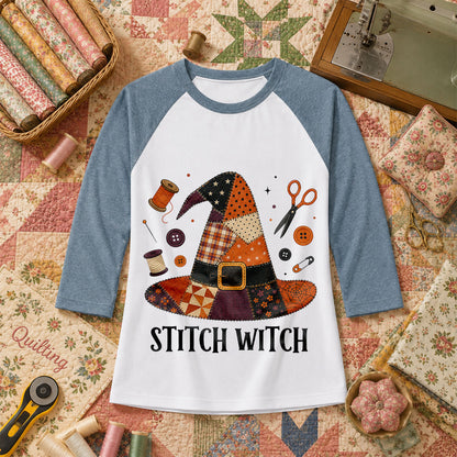 Stitch Witch Patchwork Hat Halloween Raglan Sleeve - Denim
