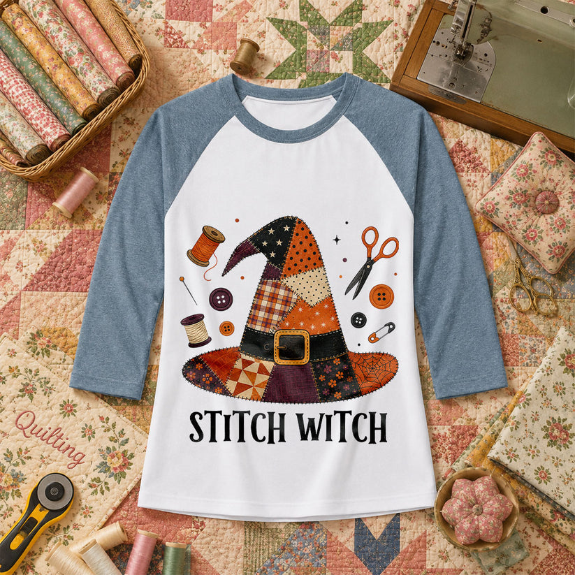 Stitch Witch Patchwork Hat Halloween Raglan Sleeve - Denim