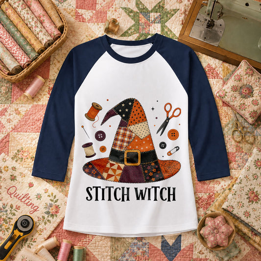 Stitch Witch Patchwork Hat Halloween Raglan Sleeve - Navy