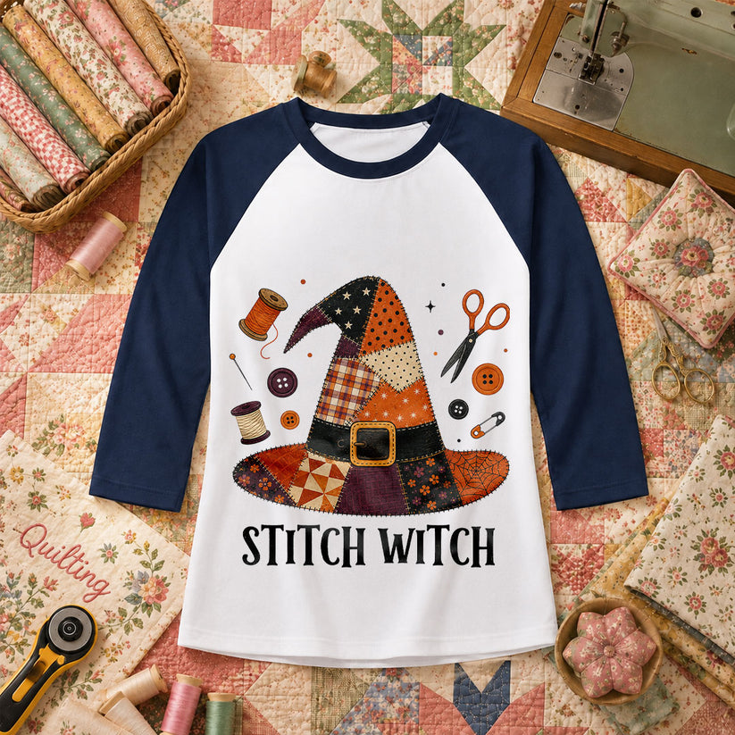 Stitch Witch Patchwork Hat Halloween Raglan Sleeve - Navy