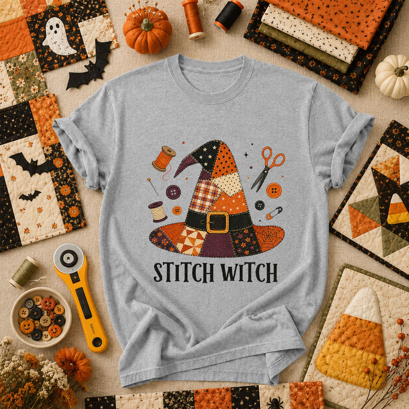 Stitch Witch Patchwork Hat Halloween T-Shirt - Athletic Heather