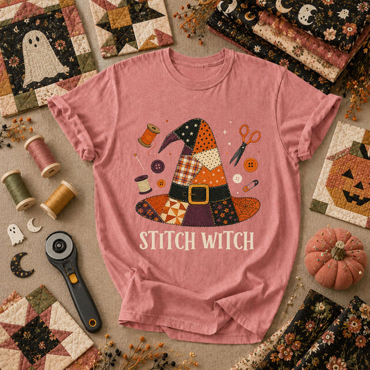 Stitch Witch Patchwork Hat Halloween T-Shirt - Heather Mauve