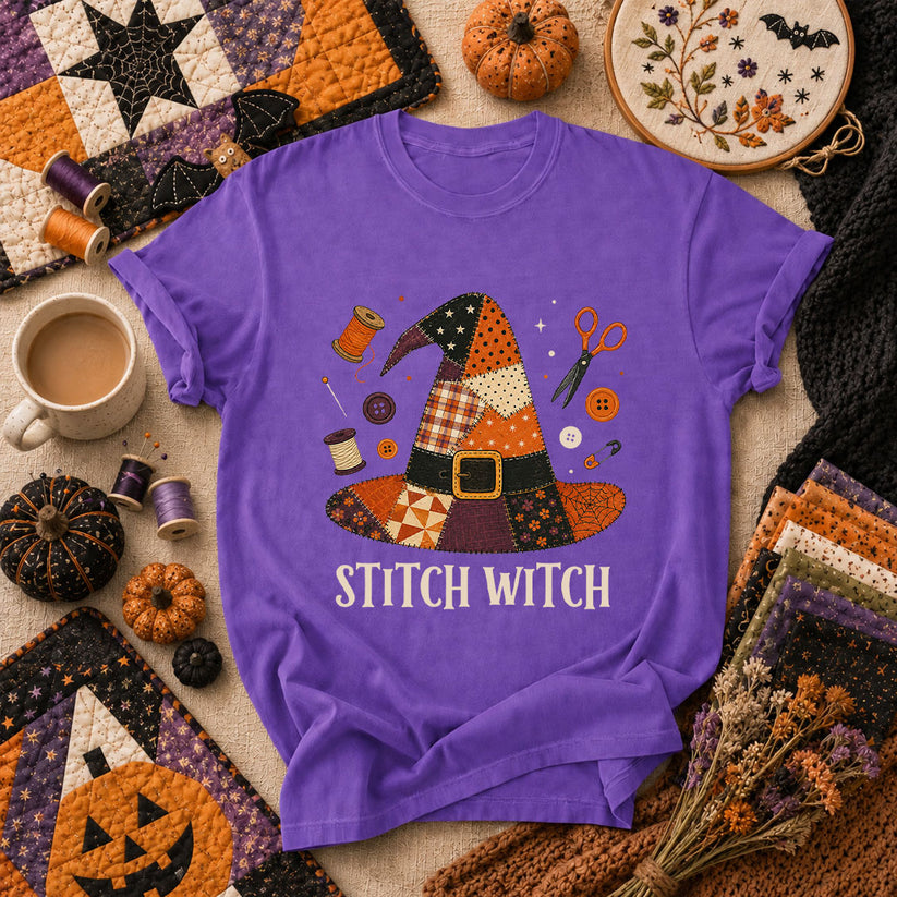 Stitch Witch Patchwork Hat Halloween T-Shirt - Heather Team Purple