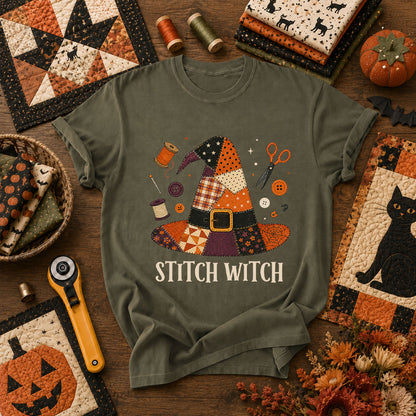 Stitch Witch Patchwork Hat Halloween T-Shirt - Military Green