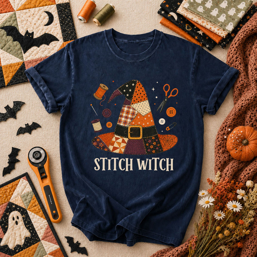 Stitch Witch Patchwork Hat Halloween T-Shirt - Navy