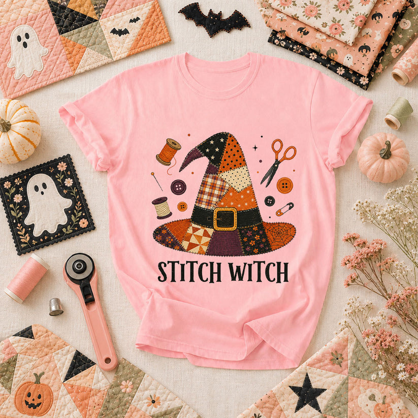 Stitch Witch Patchwork Hat Halloween T-Shirt - Pink