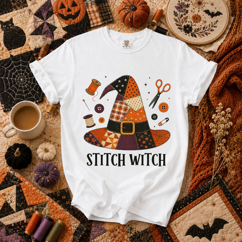 Stitch Witch Patchwork Hat Halloween T-Shirt - White