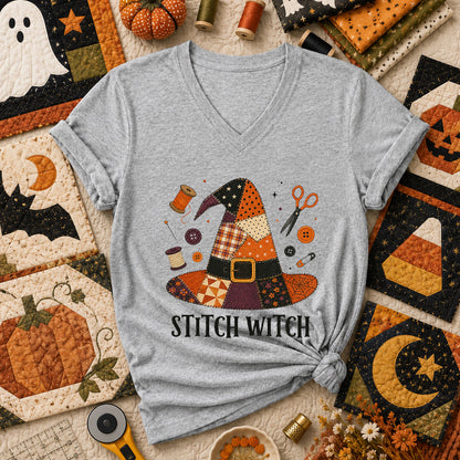 Stitch Witch Patchwork Hat Halloween Women's V-Neck - Athletic Heather