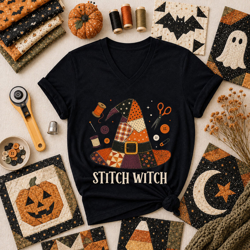 Stitch Witch Patchwork Hat Halloween Women's V-Neck - Black