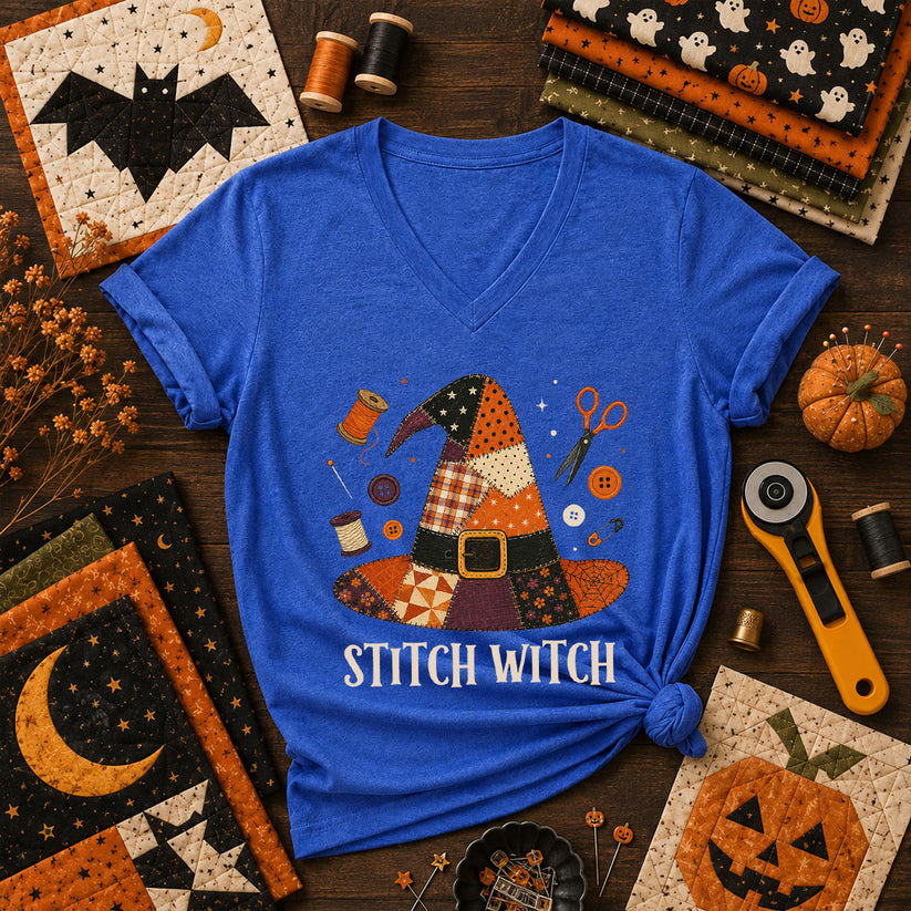 Stitch Witch Patchwork Hat Halloween Women's V-Neck - Heather True Royal