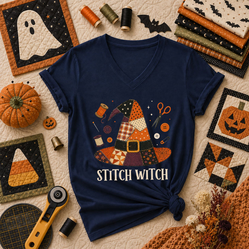 Stitch Witch Patchwork Hat Halloween Women's V-Neck - Navy