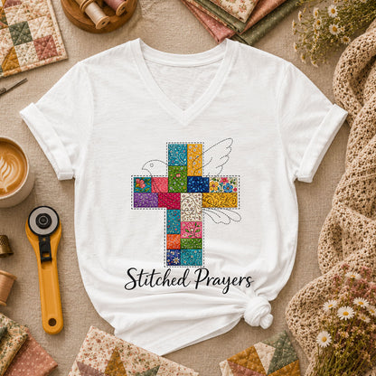 Stitched Prayers Women's V-Neck - White