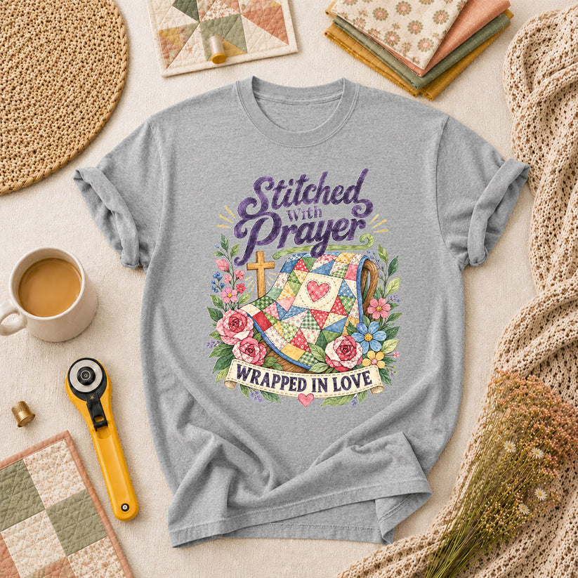 Stitched With Prayer Wrapped In Love T-Shirt - Athletic Heather