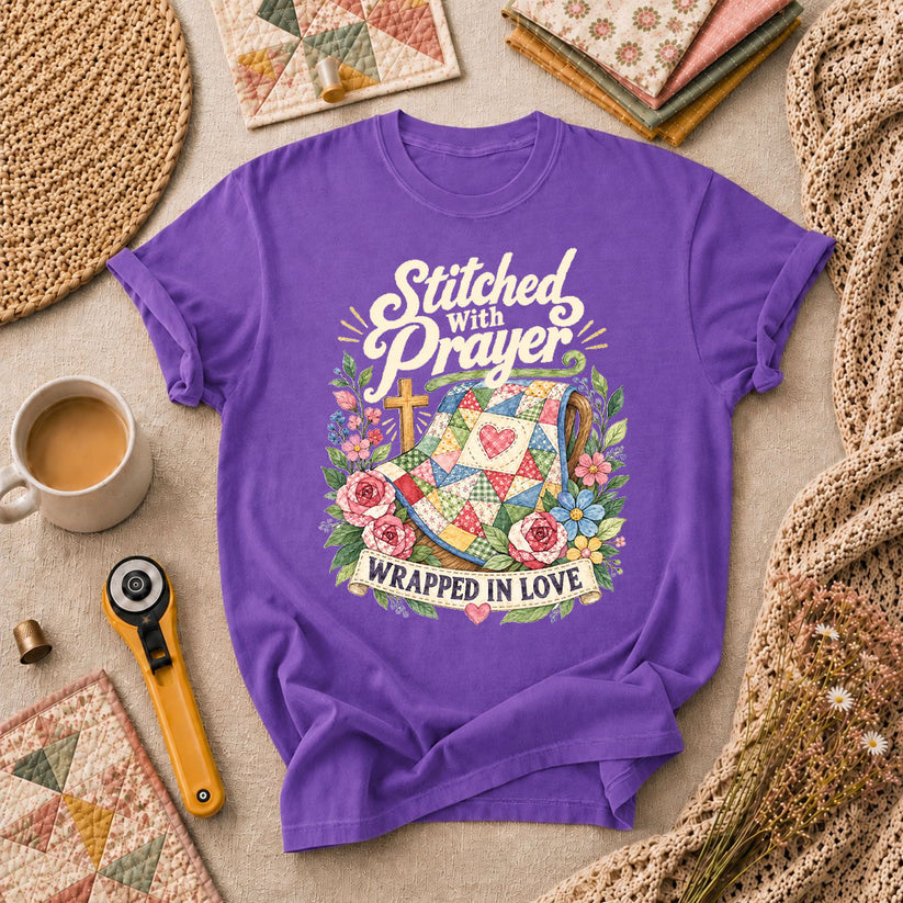 Stitched With Prayer Wrapped In Love T-Shirt - Heather Team Purple
