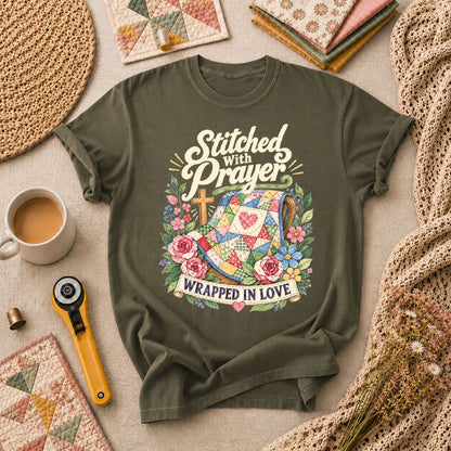 Stitched With Prayer Wrapped In Love T-Shirt - Military Green