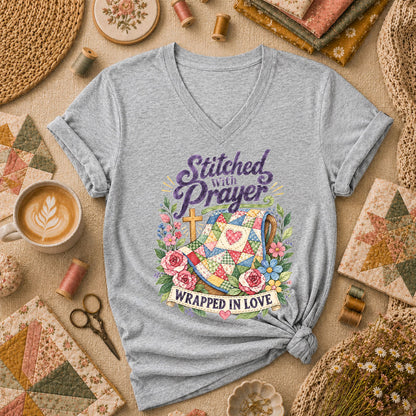 Stitched With Prayer Wrapped In Love Women's V-Neck - Athletic Heather