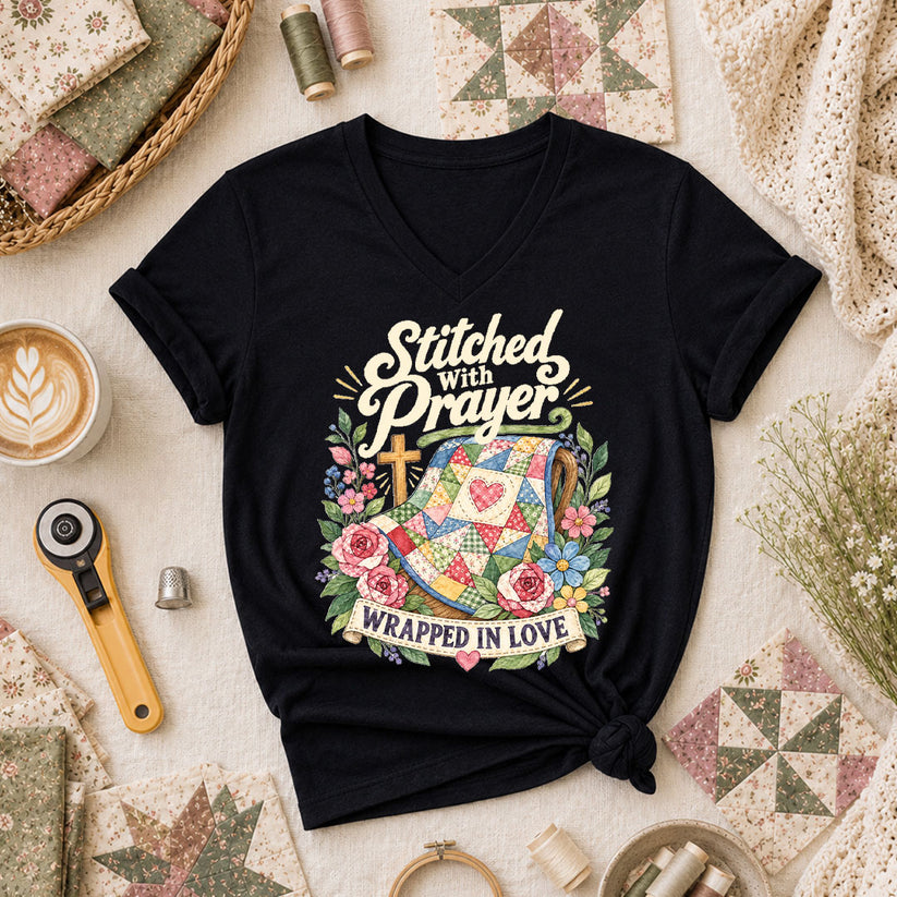Stitched With Prayer Wrapped In Love Women's V-Neck - Black
