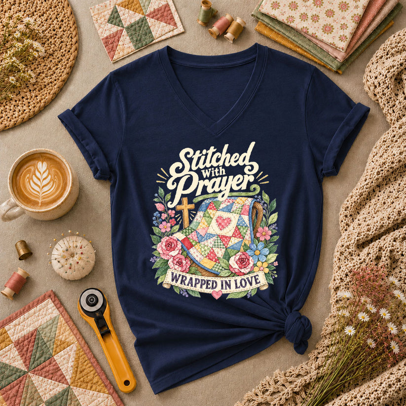 Stitched With Prayer Wrapped In Love Women's V-Neck - Navy