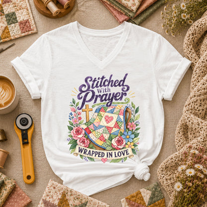 Stitched With Prayer Wrapped In Love Women's V-Neck - White